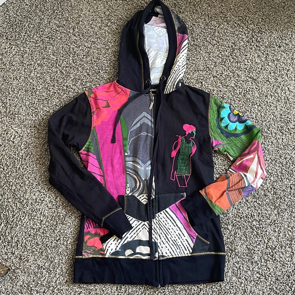 Desigual asymmetrical retro hoodie sweater coat with hood colorful mixed media